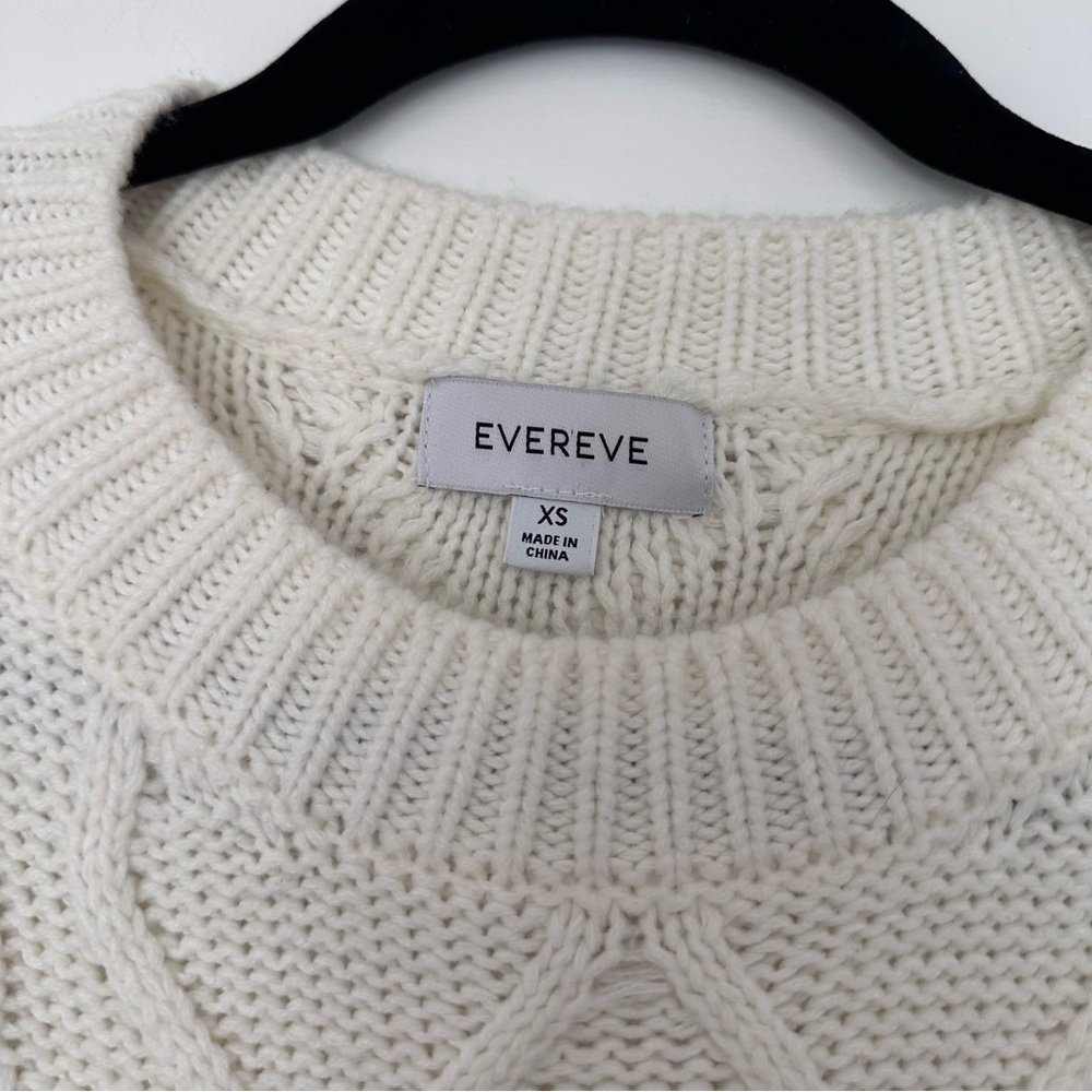 Evereve (XS) Creamy White Cable Knit Crewneck Pullover Sweater- Ribbed Detailing - Picture 5 of 7